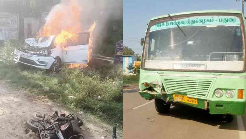 நேருக்கு நேர் மோதல்.. பற்றியெரிந்த கார்.. உசிலம்பட்டியில் பரபரப்பு!!