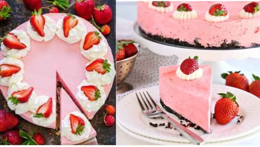 ஸ்ட்ராபெரி சீஸ் கேக்  தீயில்லாமல் செய்வது எப்படி | How to make Strawberry Cheesecake without fire